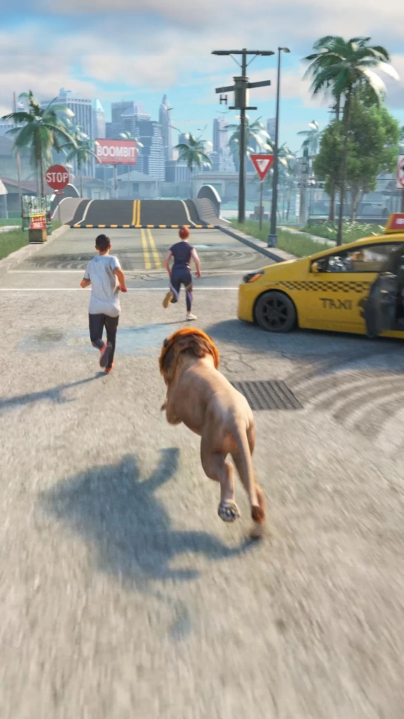 Lion sprinting through an urban street