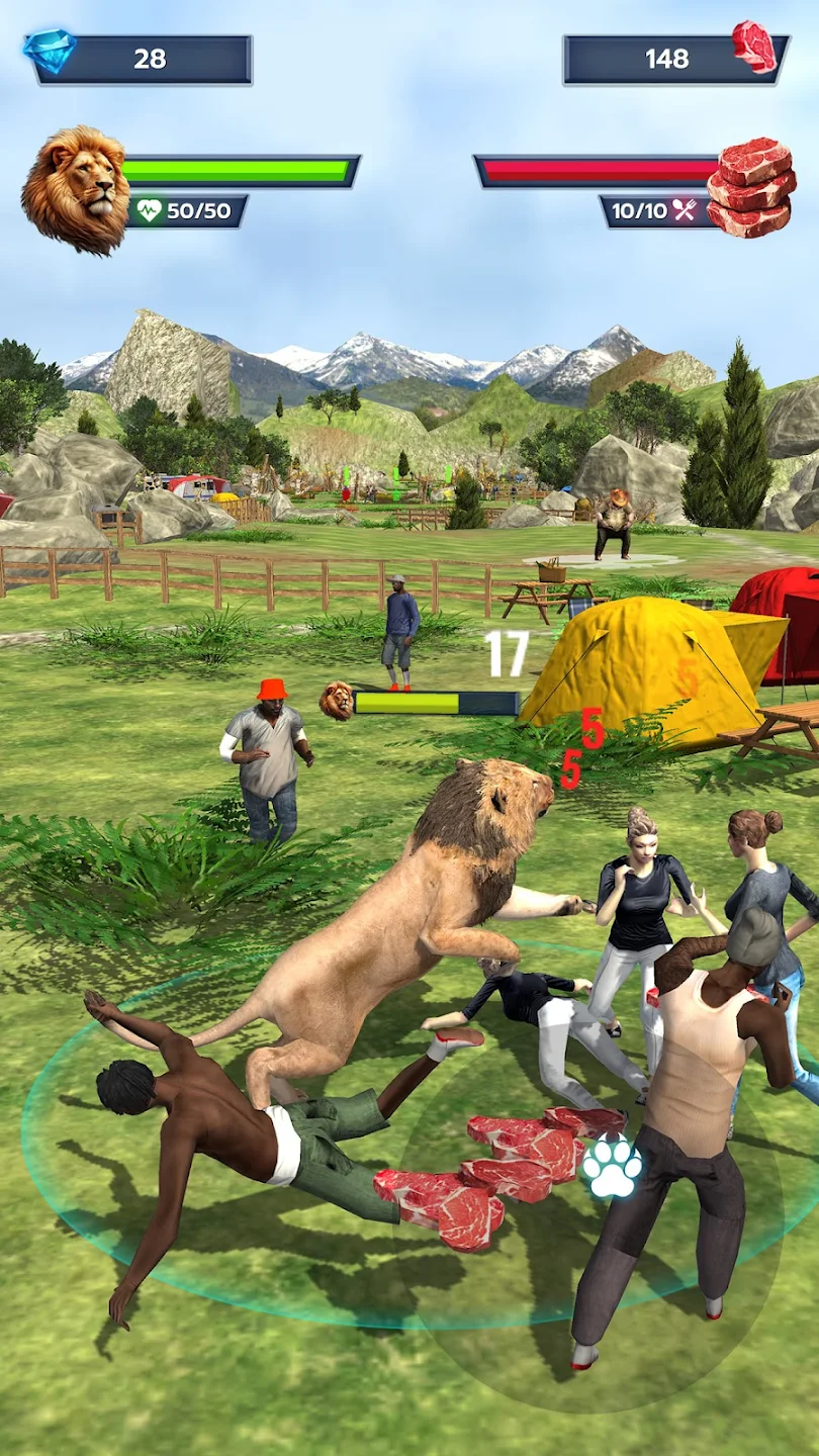 Lion combat scene with meat rewards and opponents nearby